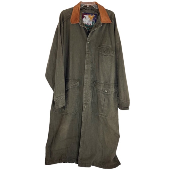 Vtg London Fog Structure Expedition Gear Green Canvas Trench Coat Leather Collar - Picture 1 of 6